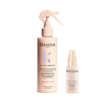 Load image into Gallery viewer, Kérastase Gloss Absolu Anti-Frizz Glaze Milk shown in full size 190ml and travel size 45ml side by side on a white background, highlighting standard and portable formats for frizz control, heat protection, and glossy finish.