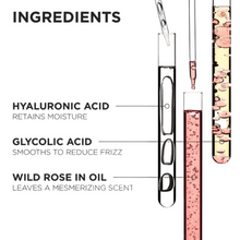 Load image into Gallery viewer, Kérastase Gloss Absolu Frizz-Glaze key ingredients including hyaluronic acid, glycolic acid, and wild rose oil for smoothing, hydration, and shine
