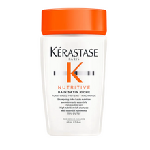 Load image into Gallery viewer, Kérastase Nutritive Bain Satin Riche Shampoo travel size 80ml on a white background, nourishing shampoo for very dry hair that delivers softness and hydration on the go.