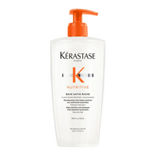 Load image into Gallery viewer, Kérastase Nutritive Bain Satin Riche Shampoo value size 500ml on a white background, large-format nourishing shampoo that restores moisture and softness to very dry hair.