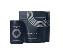 Load image into Gallery viewer, Nutrafol - Men 3 month supply with dark blue bottle with twist cap and 2 dark blue bags to refill bottle.