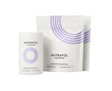 Load image into Gallery viewer, Nutrafol - Postpartum 3 month supply with one white bottle twist cap and 2 bags to refill bottle.