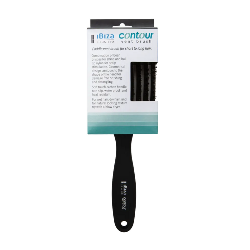 Ibiza Hair Contour vent brush shown in branded packaging for professional detangling and styling