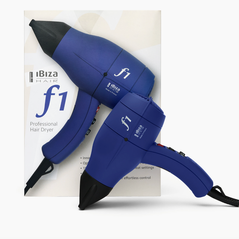 Ibiza Hair f1 Professional Hair Dryer angled view showcasing compact design with box