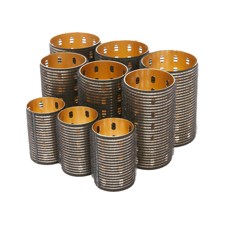 Ibiza Hair Velchrome roller set shown as full collection of round styling rollers for soft volume and polished salon blowouts