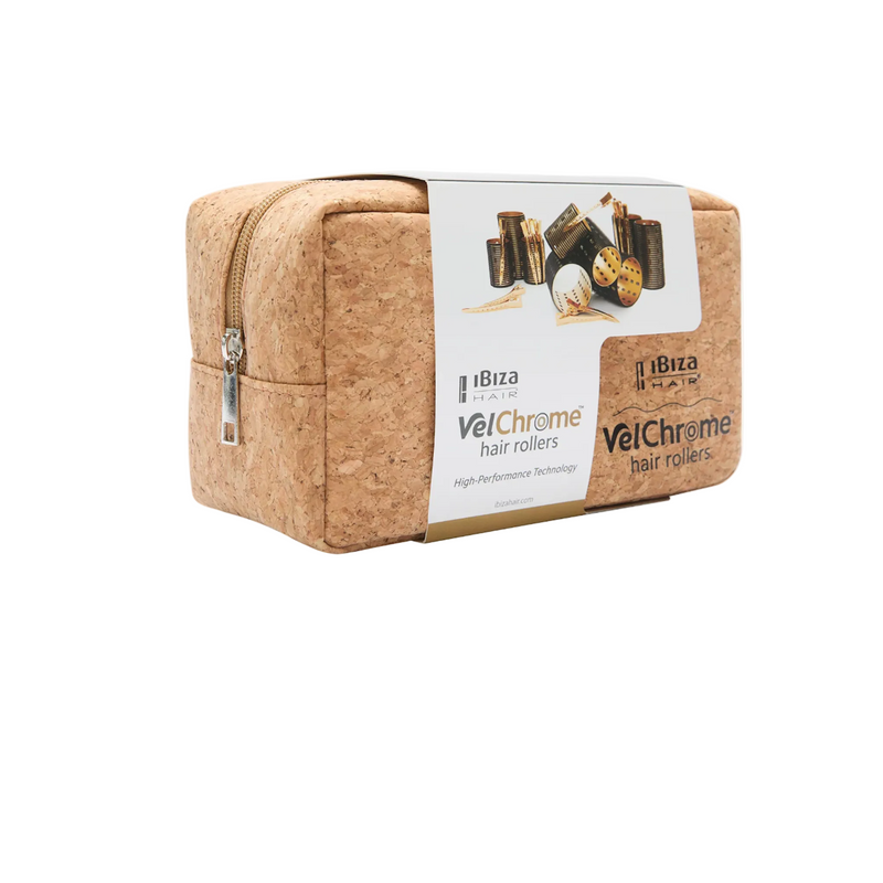 Ibiza Hair Velchrome roller set presented in branded cork storage bag with label packaging for a complete salon volume styling system