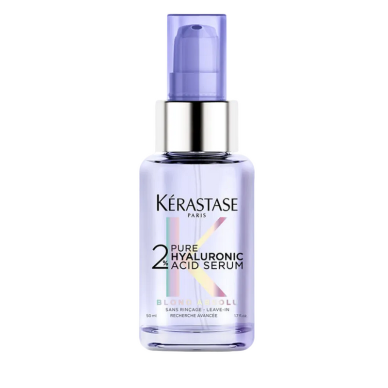Kérastase Blond Absolu 2% Pure Hyaluronic Acid Serum highlighting intense hydration, repair, and strengthening benefits for sensitized blonde hair.