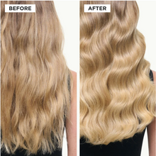 Load image into Gallery viewer, Kérastase Blond Absolu Blonde Guard before and after photo showing protected blonde hair with enhanced shine, softness and reduced dryness.
