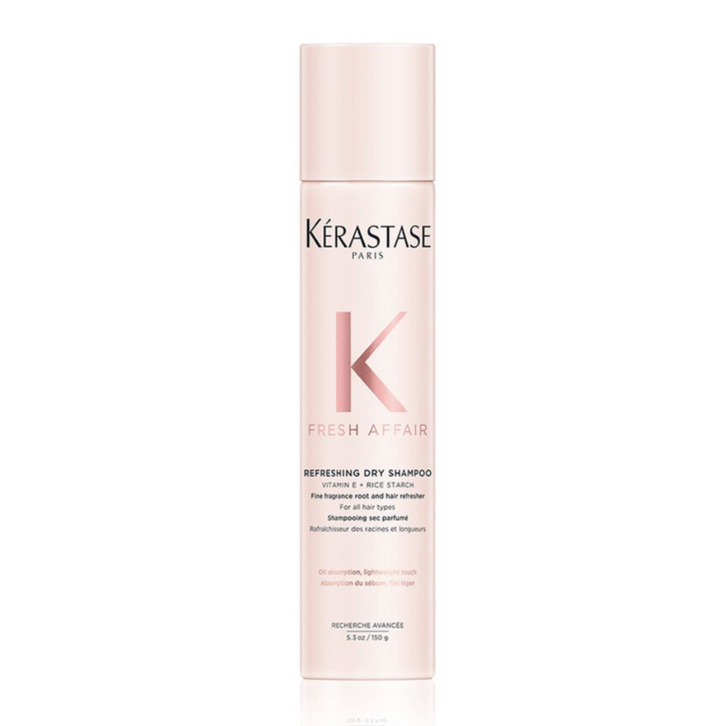 Kérastase Fresh Affair Dry Shampoo full size 150g on a white background, fine fragrance dry shampoo that absorbs oil and refreshes hair between washes.