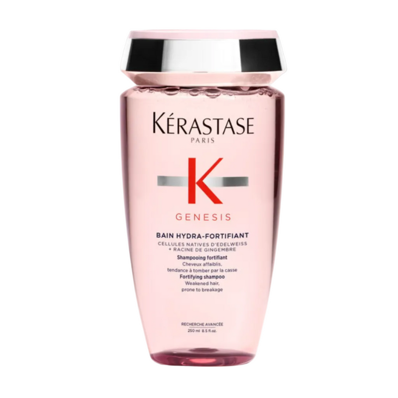 Kérastase Genesis Bain Hydra-Fortifiant Shampoo full size 250ml on a white background, lightweight fortifying shampoo that gently cleanses and strengthens weakened hair prone to breakage.
