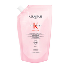 Load image into Gallery viewer, Kérastase Genesis Bain Hydra-Fortifiant Shampoo refill pouch 500ml on a white background, lightweight fortifying shampoo that gently cleanses and strengthens weakened hair prone to breakage.
