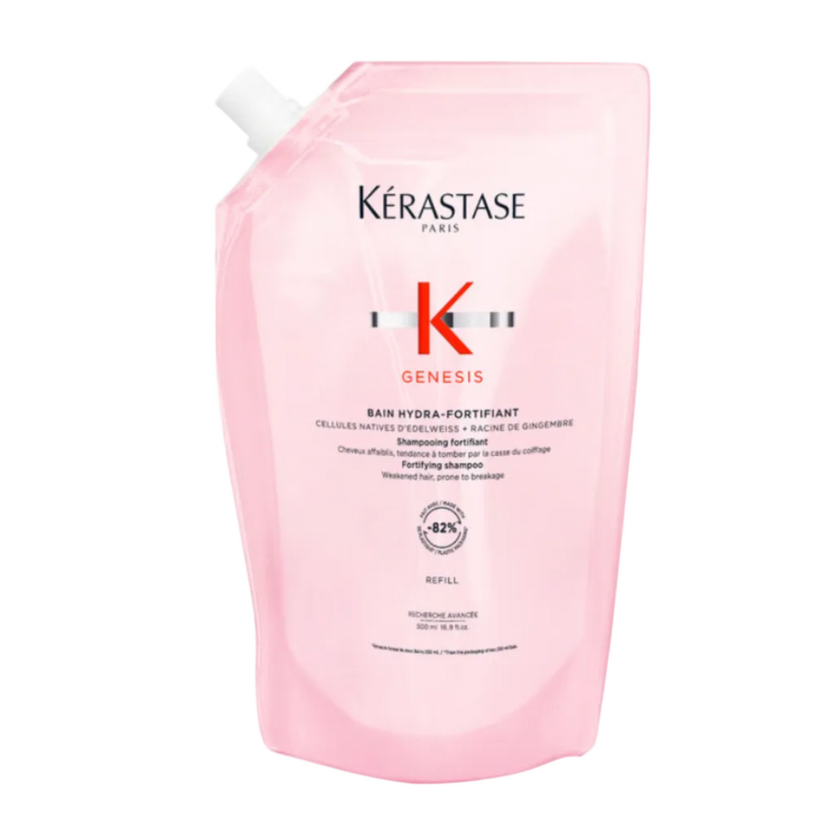 Kérastase Genesis Bain Hydra-Fortifiant strengthening shampoo for fine or oily weakened hair — 500ml refill pouch.