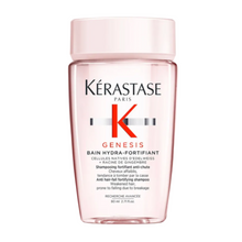 Load image into Gallery viewer, Kérastase Genesis Bain Hydra-Fortifiant Shampoo travel size 80ml on a white background, lightweight fortifying shampoo that gently cleanses and strengthens weakened hair prone to breakage.
