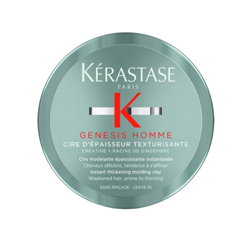 Kérastase Genesis Homme Cire d’Épaisseur Texturisante Wax Pomade 75ml on a white background, lightweight matte styling wax that adds texture and fuller-looking hair.