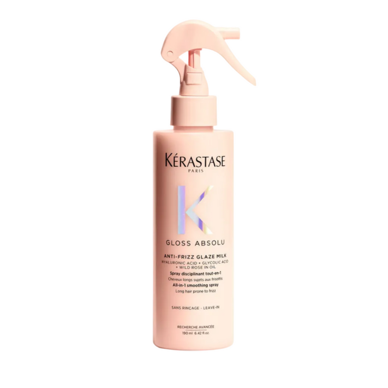 Full size bottle of Kérastase Gloss Absolu Anti-Frizz Glaze Milk 190ml on a white background, showing sleek packaging designed for heat protection, frizz control, and high-shine finish