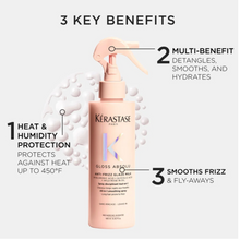 Load image into Gallery viewer, Kérastase Gloss Absolu Anti-Frizz Glaze Milk highlighting heat and humidity protection, detangling, smoothing, and hydrating
