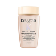 Load image into Gallery viewer, Kérastase Gloss Absolu Bain Crème Hydra-Glaze Anti-Frizz Shampoo travel size bottle on white background for smooth, glossy, frizz-controlled hair
