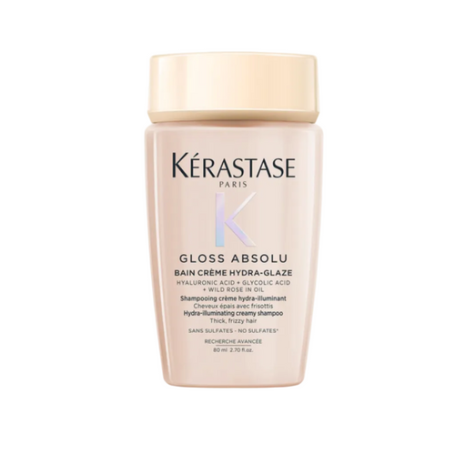 Kérastase Gloss Absolu Bain Crème Hydra-Glaze shampoo for thick frizz prone hair — 80ml travel size.