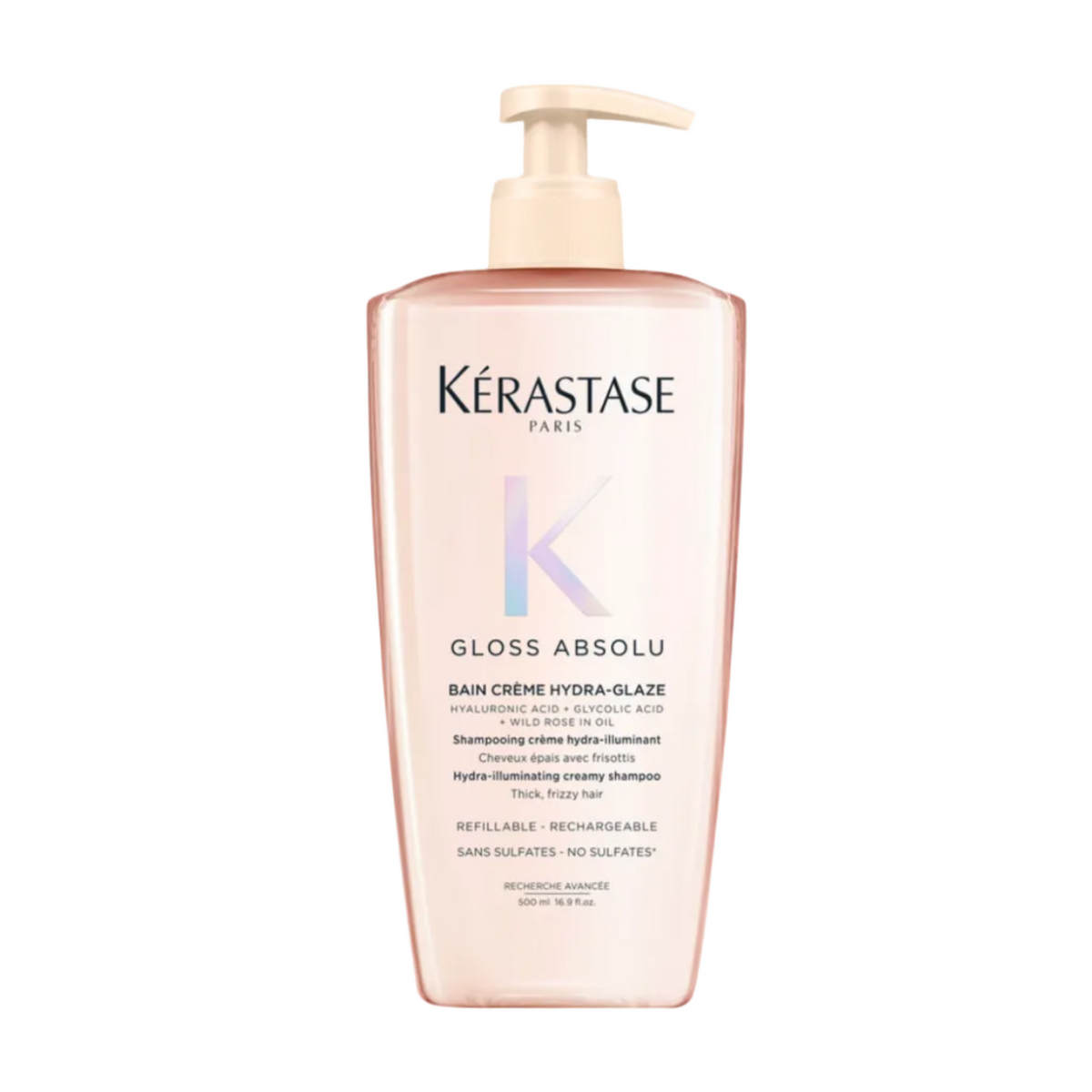 Kérastase Gloss Absolu Bain Crème Hydra-Glaze shampoo for thick frizz prone hair — Value Size 500 ml.