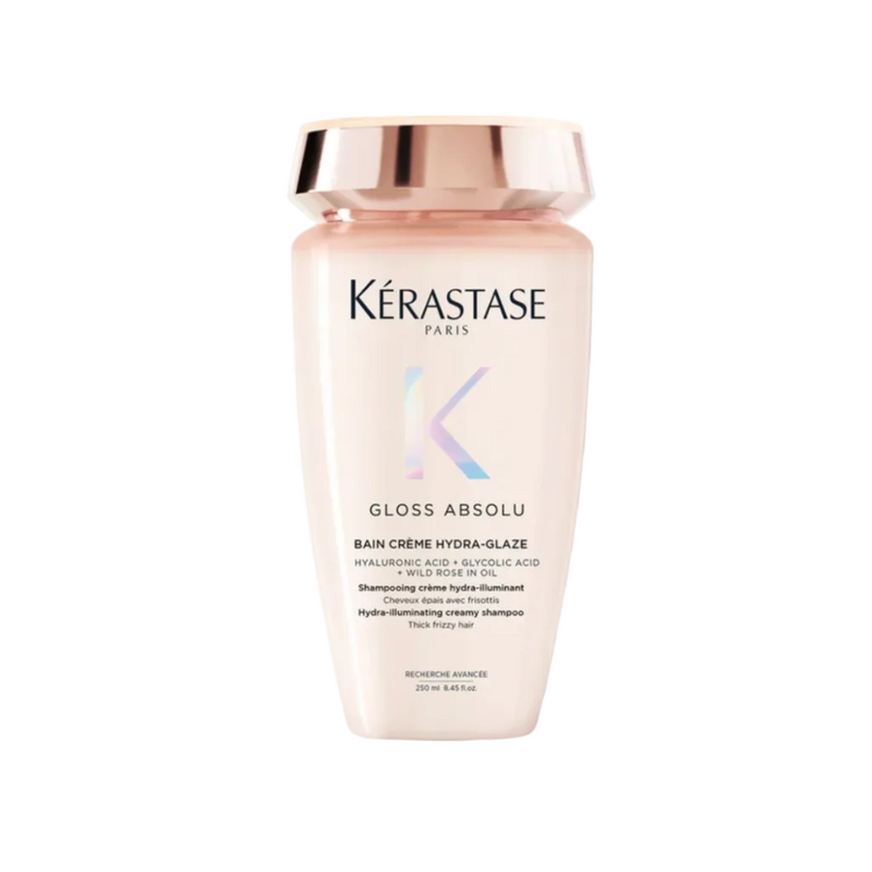 Kérastase Gloss Absolu Bain Crème Hydra-Glaze Anti-Frizz Shampoo bottle on white background for smooth, glossy, frizz-controlled hair