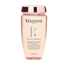 Load image into Gallery viewer, Kérastase Gloss Absolu Bain Hydra-Glaze Shampoo full size 250ml on a white background, lightweight gloss shampoo that gently cleanses, smooths frizz, and enhances luminous shine.
