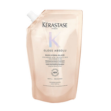 Load image into Gallery viewer, Kérastase Gloss Absolu Bain Hydra-Glaze Shampoo refill 500ml pouch on a white background, gloss-enhancing shampoo refill designed to smooth frizz, enhance shine, and replenish your full-size bottle.
