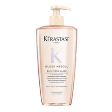 Load image into Gallery viewer, Kérastase Gloss Absolu Bain Hydra-Glaze Shampoo value size 500ml on a white background, gloss-enhancing shampoo that gently cleanses, smooths frizz, and leaves hair soft, polished, and luminous.
