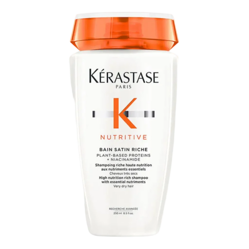 Kérastase Nutritive Bain Satin Riche Shampoo full size 250ml on a white background, richly nourishing shampoo that gently cleanses and replenishes moisture for very dry hair.
