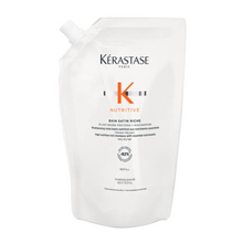 Load image into Gallery viewer, Kérastase Nutritive Bain Satin Riche Shampoo refill size 500ml pouch on a white background, eco-conscious refill format that delivers rich nourishment and gentle cleansing for very dry hair.
