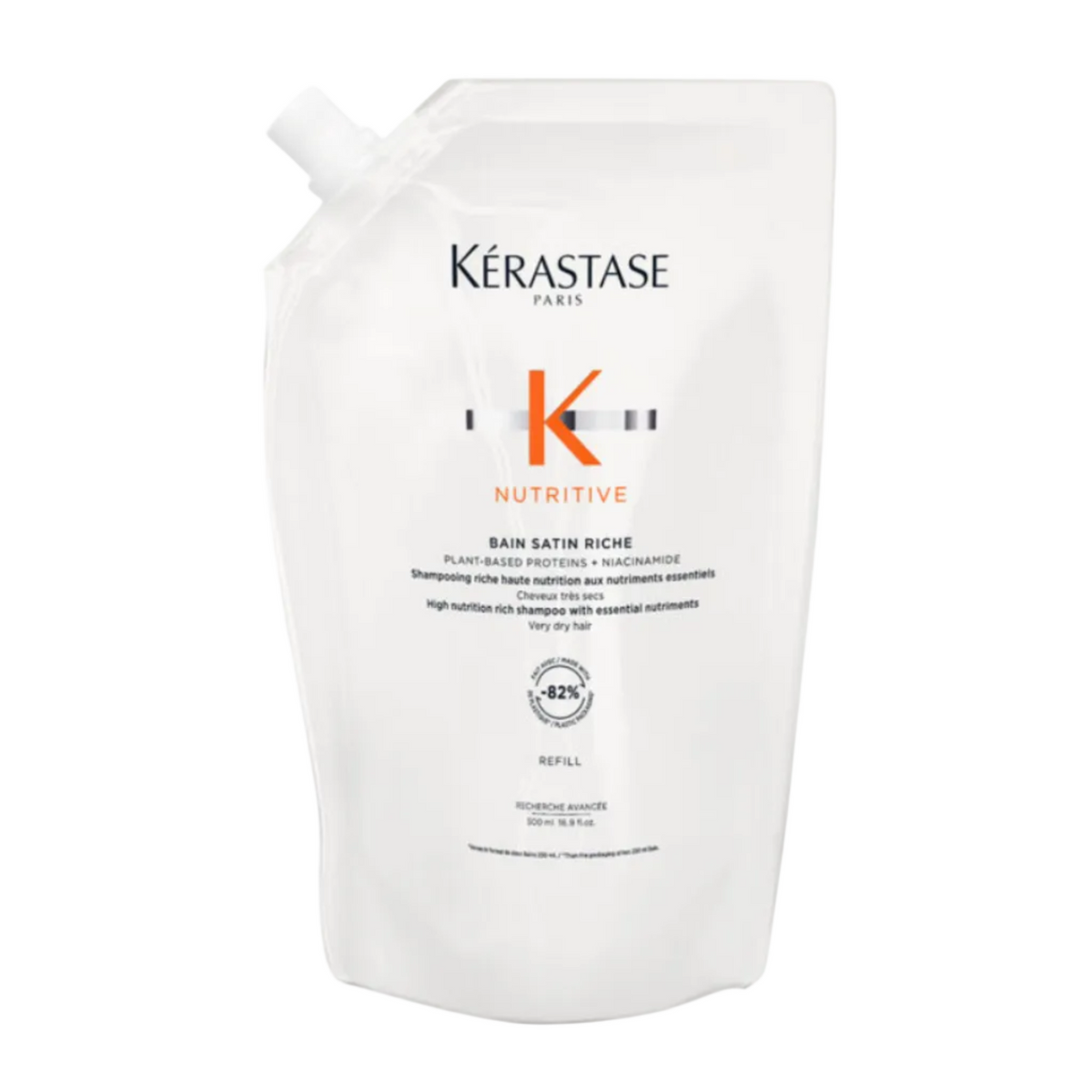 Kérastase Nutritive Bain Satin Riche Shampoo refill size 500ml pouch on a white background, eco-conscious refill format that delivers rich nourishment and gentle cleansing for very dry hair.