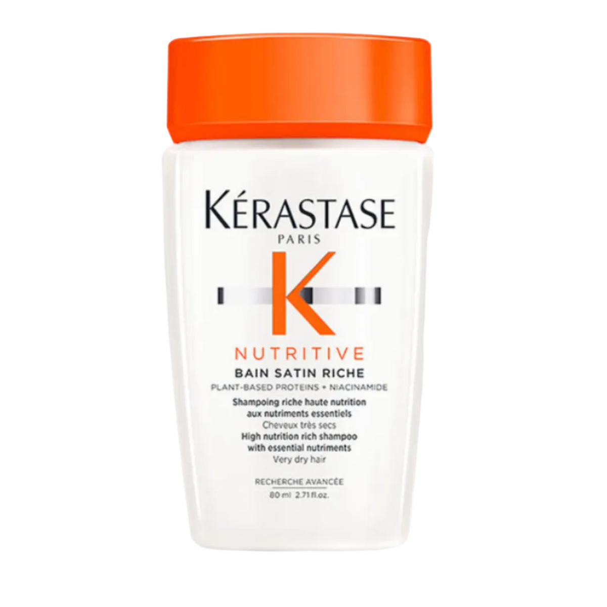 Kérastase Nutritive Bain Satin Riche Shampoo travel size 80ml on a white background, nourishing shampoo for very dry hair that delivers softness and hydration on the go.
