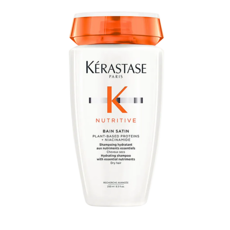 Kérastase Nutritive Bain Satin Shampoo full size 250ml on a white background, nourishing shampoo that gently cleanses dry hair while restoring softness and hydration.
