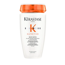 Load image into Gallery viewer, Kérastase Nutritive Bain Satin Shampoo full size 250ml on a white background, nourishing shampoo that gently cleanses dry hair while restoring softness and hydration.
