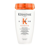 Kérastase Nutritive Bain Satin Shampoo full size 250ml on a white background, nourishing shampoo that gently cleanses dry hair while restoring softness and hydration.