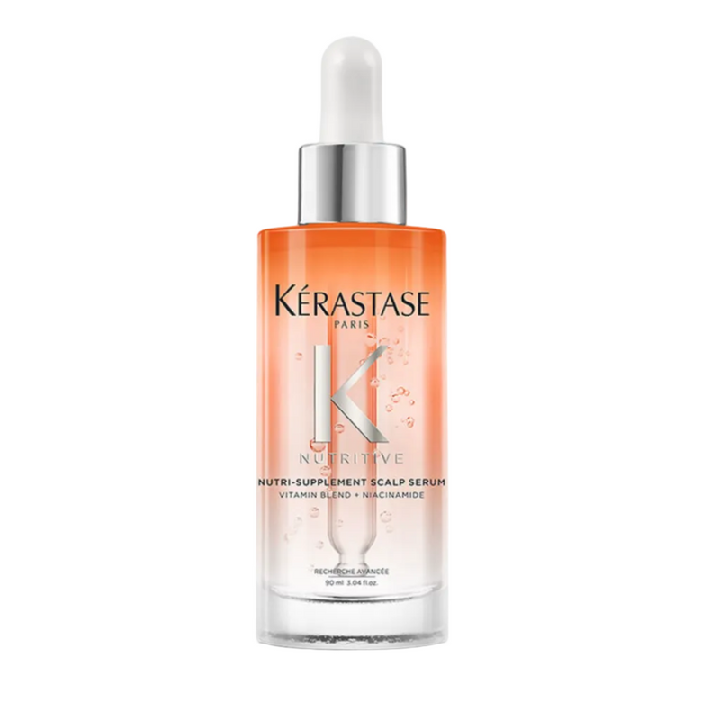 Kérastase Nutritive Nutri-Supplement Scalp Serum full size 90ml on a white background, lightweight scalp serum that hydrates dry scalp areas and provides lasting comfort.
