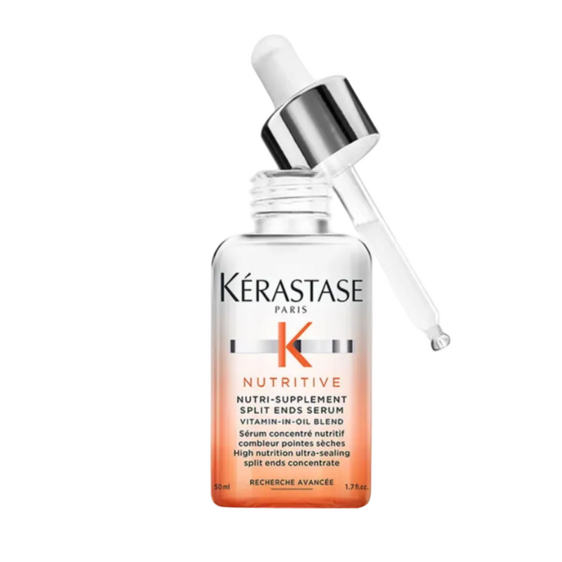 Kérastase Nutritive Nutri-Supplement Split Ends Serum full size 50ml on a white background, nourishing leave-in serum that helps smooth dry hair and improve the appearance of split ends.