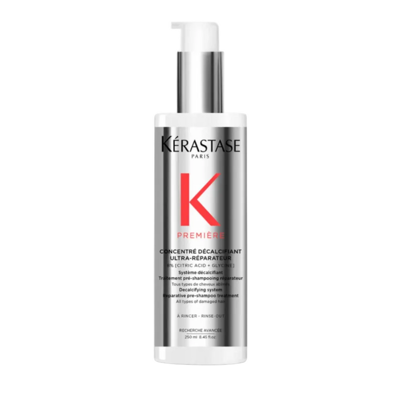 Kérastase Première Concentré Décalcifiant Ultra-Réparateur Pre-Shampoo Treatment full size 250ml on a white background, pre-cleanse treatment that removes buildup and strengthens hair fiber.