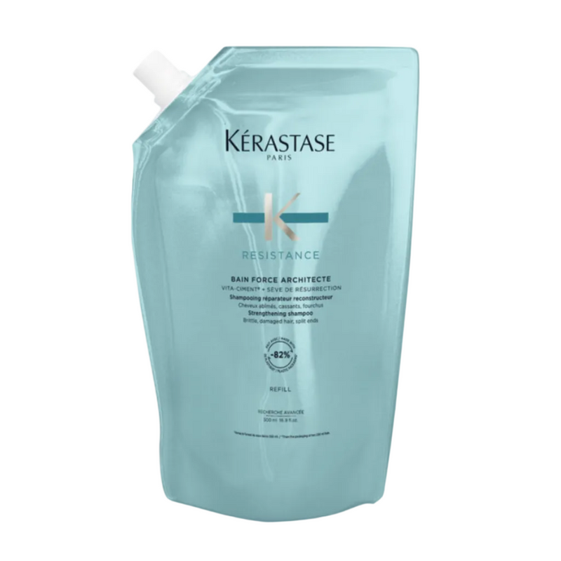 Kérastase Résistance Bain Force Architecte strengthening shampoo for weakened damaged hair — 500ml refill pouch.