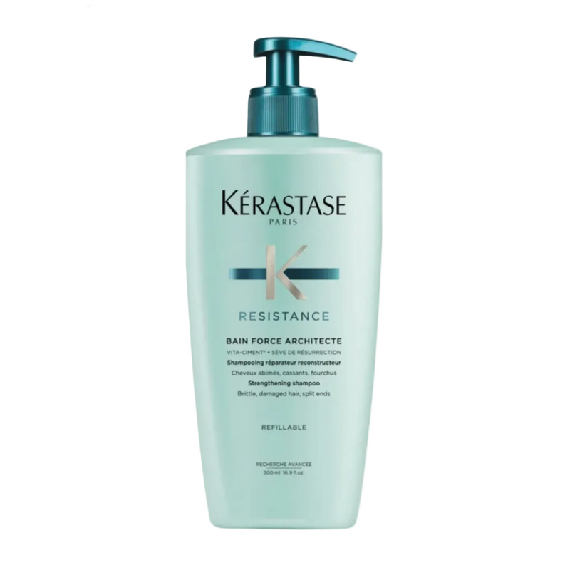 Kérastase Résistance Bain Force Architecte strengthening shampoo for weakened damaged hair — 500ml value size.