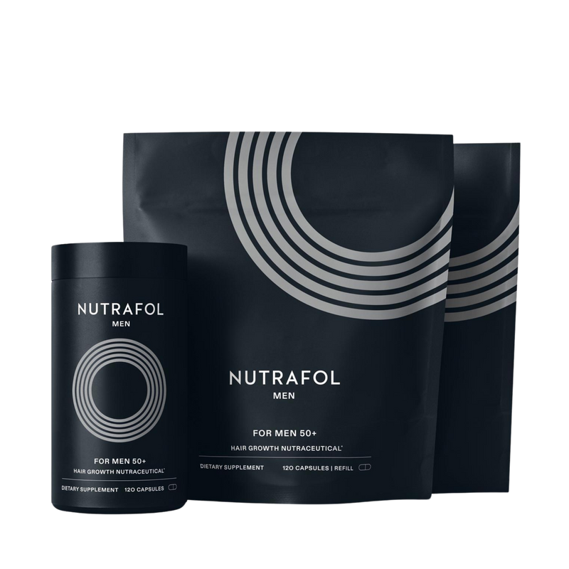 Nutrafol Men 50+ bottle with two refill pouches for a three-month supply