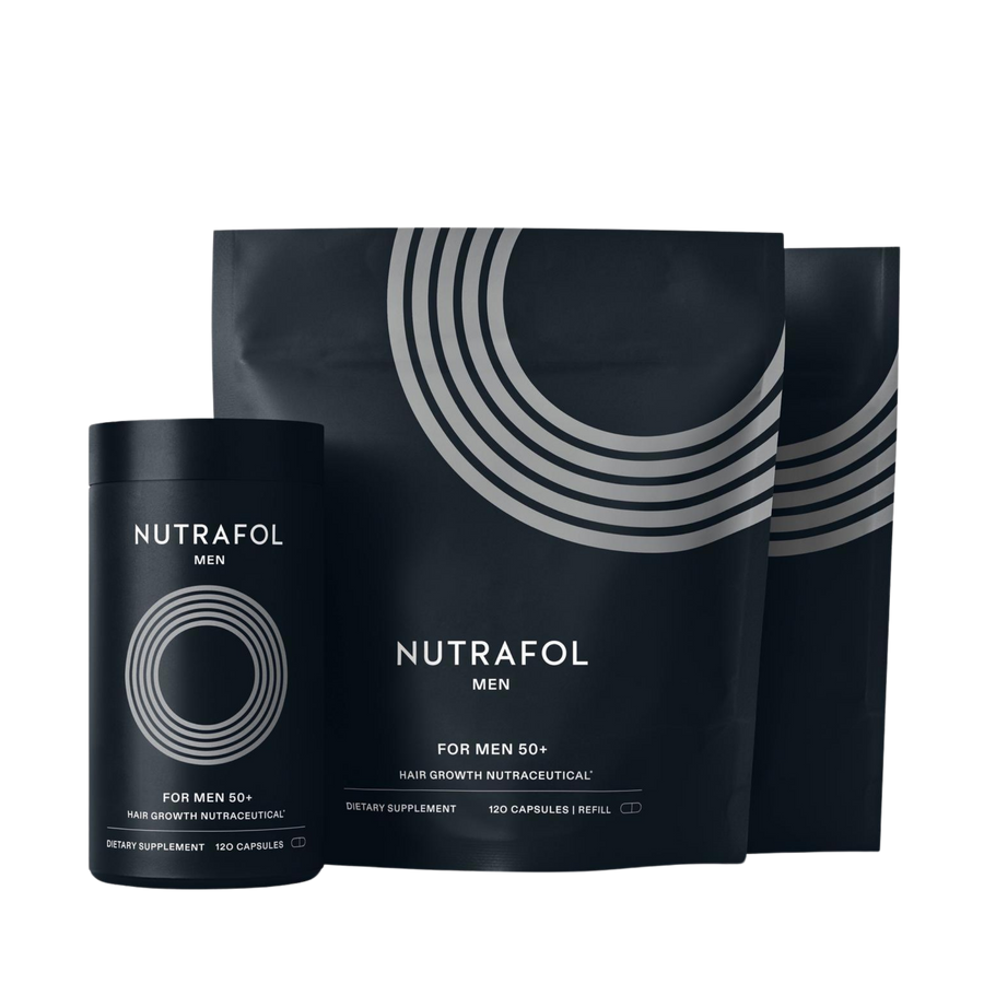 Nutrafol Men 50+ bottle with two refill pouches for a three-month supply