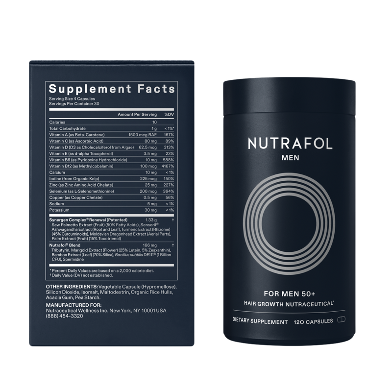 Nutrafol Men 50+ bottle beside the Supplement Facts and ingredient panel