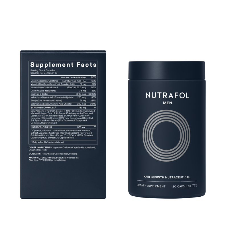 Nutrafol Men hair growth nutraceutical bottle with product carton