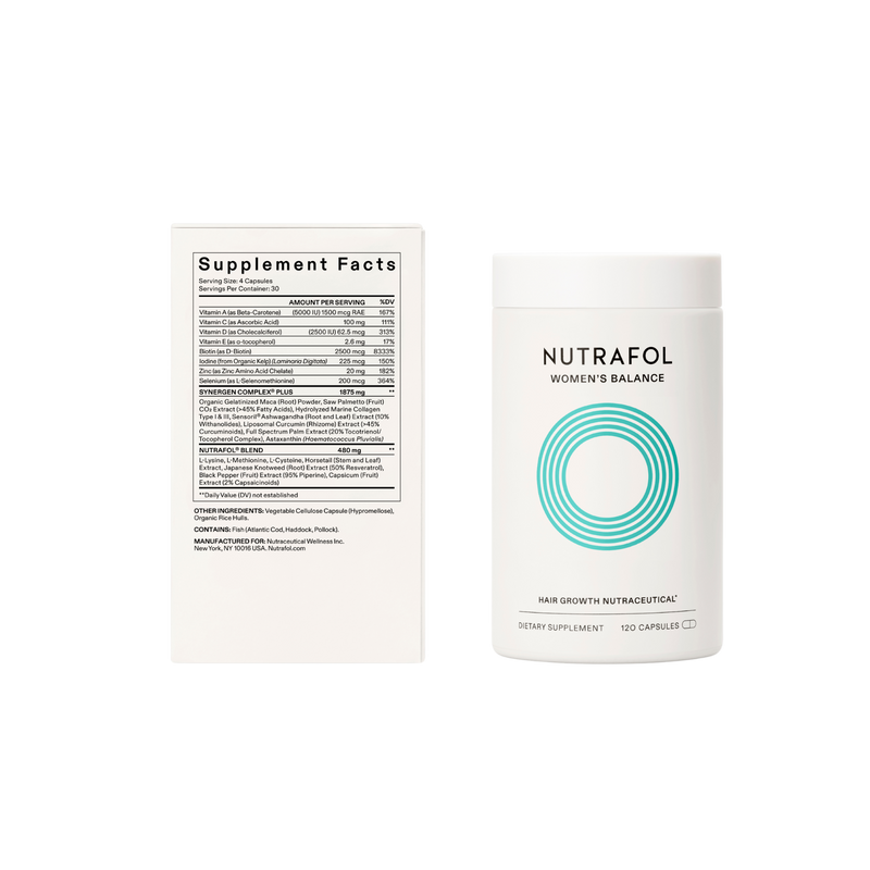 Nutrafol Women’s Balance hair growth nutraceutical bottle with product carton