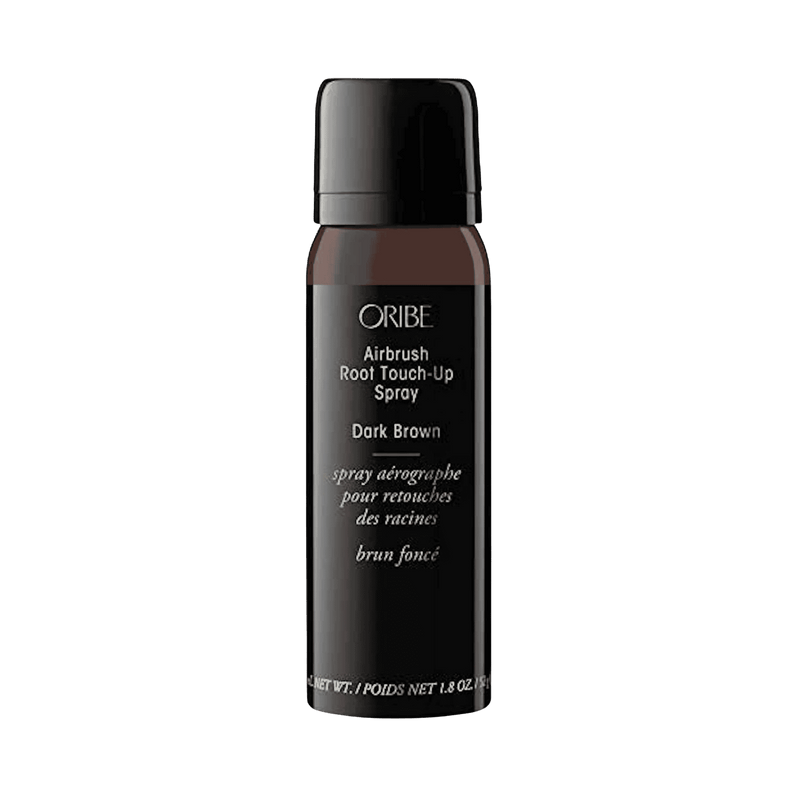 Oribe Airbrush Root Touch-Up Spray in Dark Brown, 1.8 oz black aerosol bottle with a deep brown shade band, shown upright from the front on white