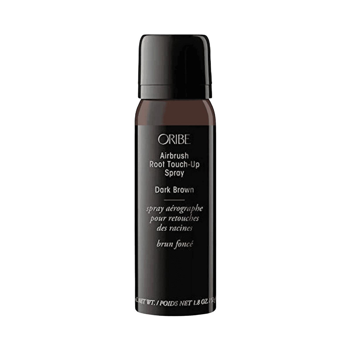 Oribe Airbrush Root Touch-Up Spray in Dark Brown, 1.8 oz black aerosol bottle with a deep brown shade band, shown upright from the front on white