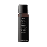Oribe Airbrush Root Touch-Up Spray in Dark Brown, 1.8 oz black aerosol bottle with a deep brown shade band, shown upright from the front on white
