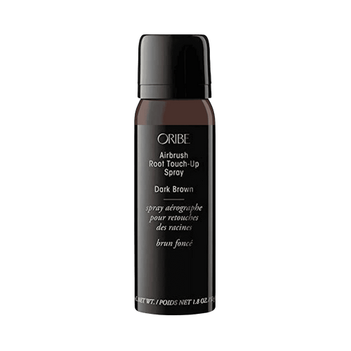Oribe Airbrush Root Touch-Up Spray in Dark Brown, 1.8 oz black aerosol bottle with a deep brown shade band, shown upright from the front on white