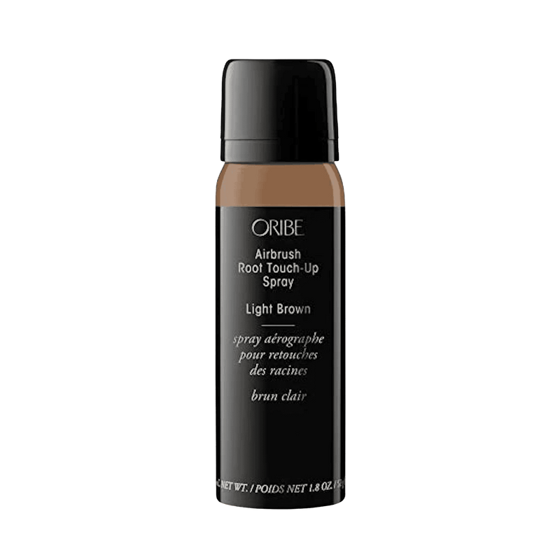 Oribe Airbrush Root Touch-Up Spray in Light Brown, 1.8 oz black aerosol bottle with a light brown shade band, shown upright from the front on white