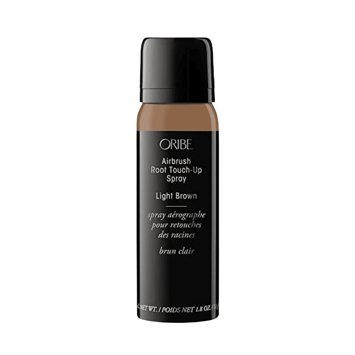 Oribe Airbrush Root Touch-Up Spray in Light Brown, 1.8 oz black aerosol bottle with a light brown shade band, shown upright from the front on white